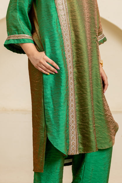 Green Long Panelled Kurta and Pant Set