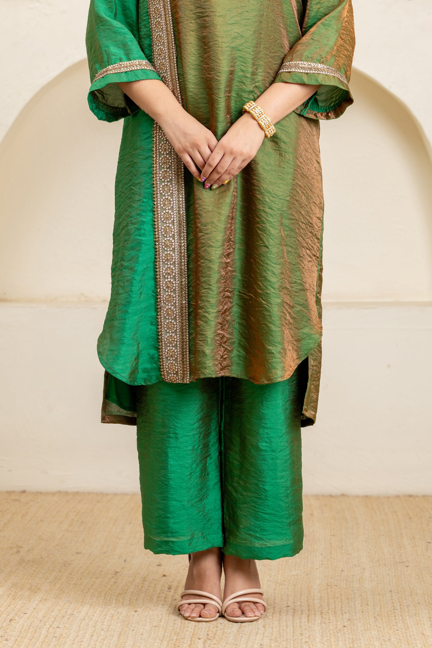 Green Long Panelled Kurta and Pant Set