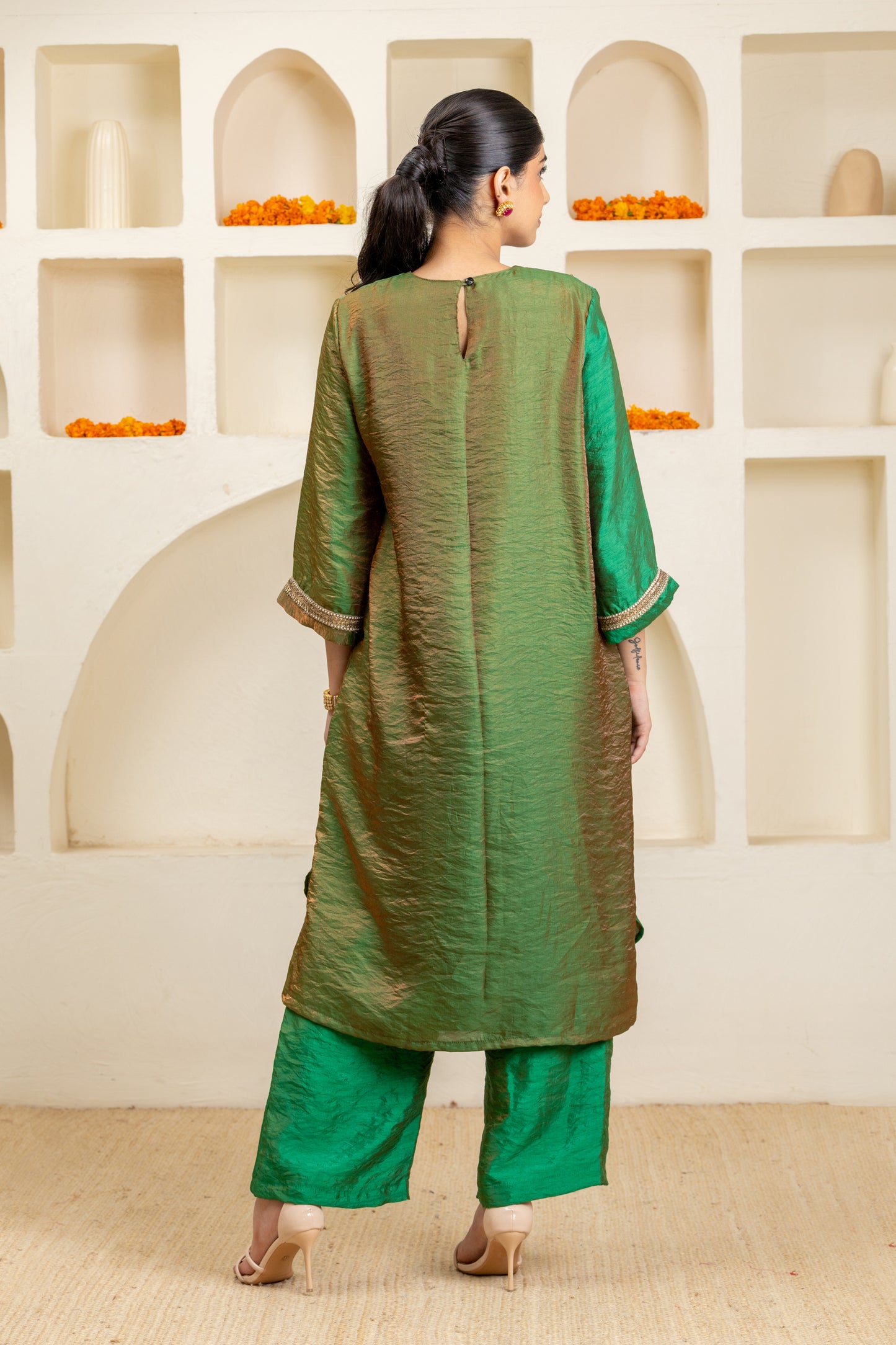 Green Long Panelled Kurta and Pant Set