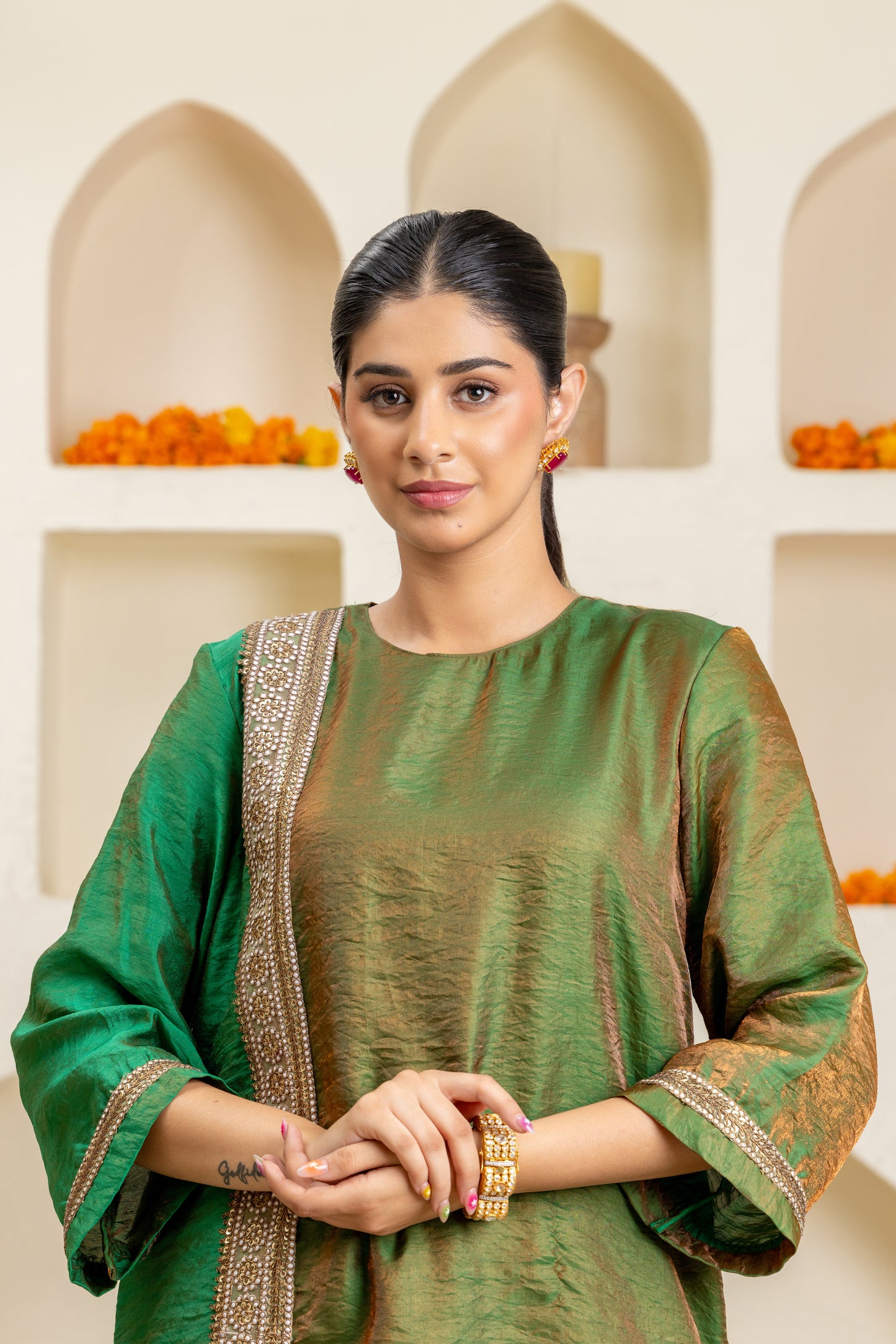 Green Long Panelled Kurta and Pant Set