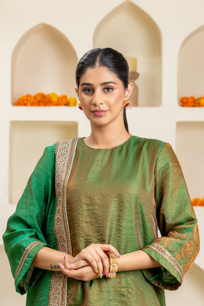 Green Long Panelled Kurta and Pant Set