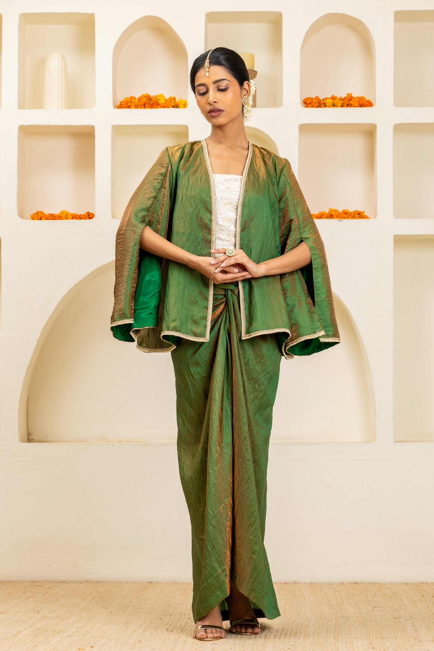 Green Cape Jacket, Bustier and Sarong Skirt Set