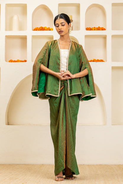Green Cape Jacket, Bustier and Sarong Skirt Set