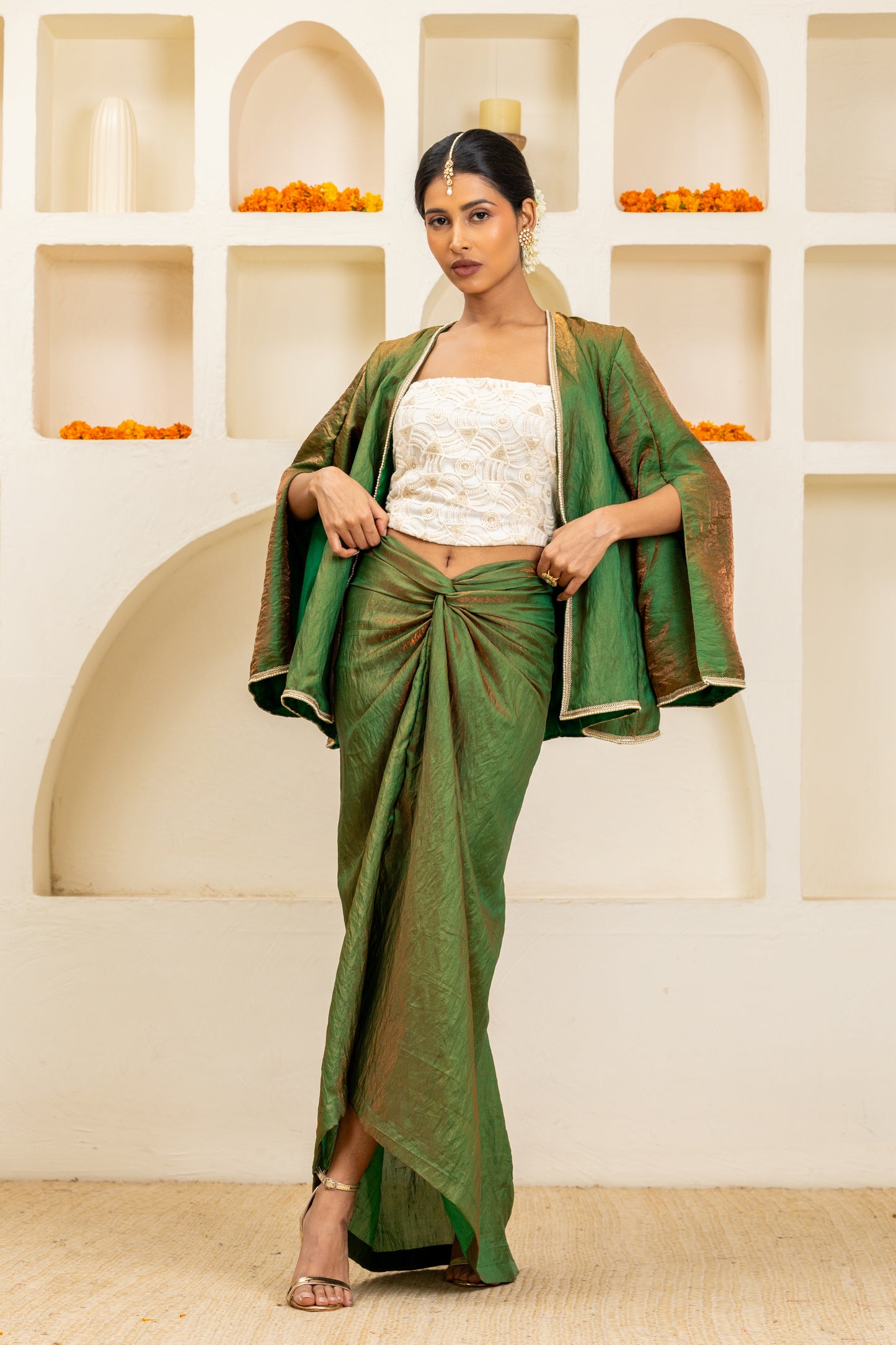 Green Cape Jacket, Bustier and Sarong Skirt Set