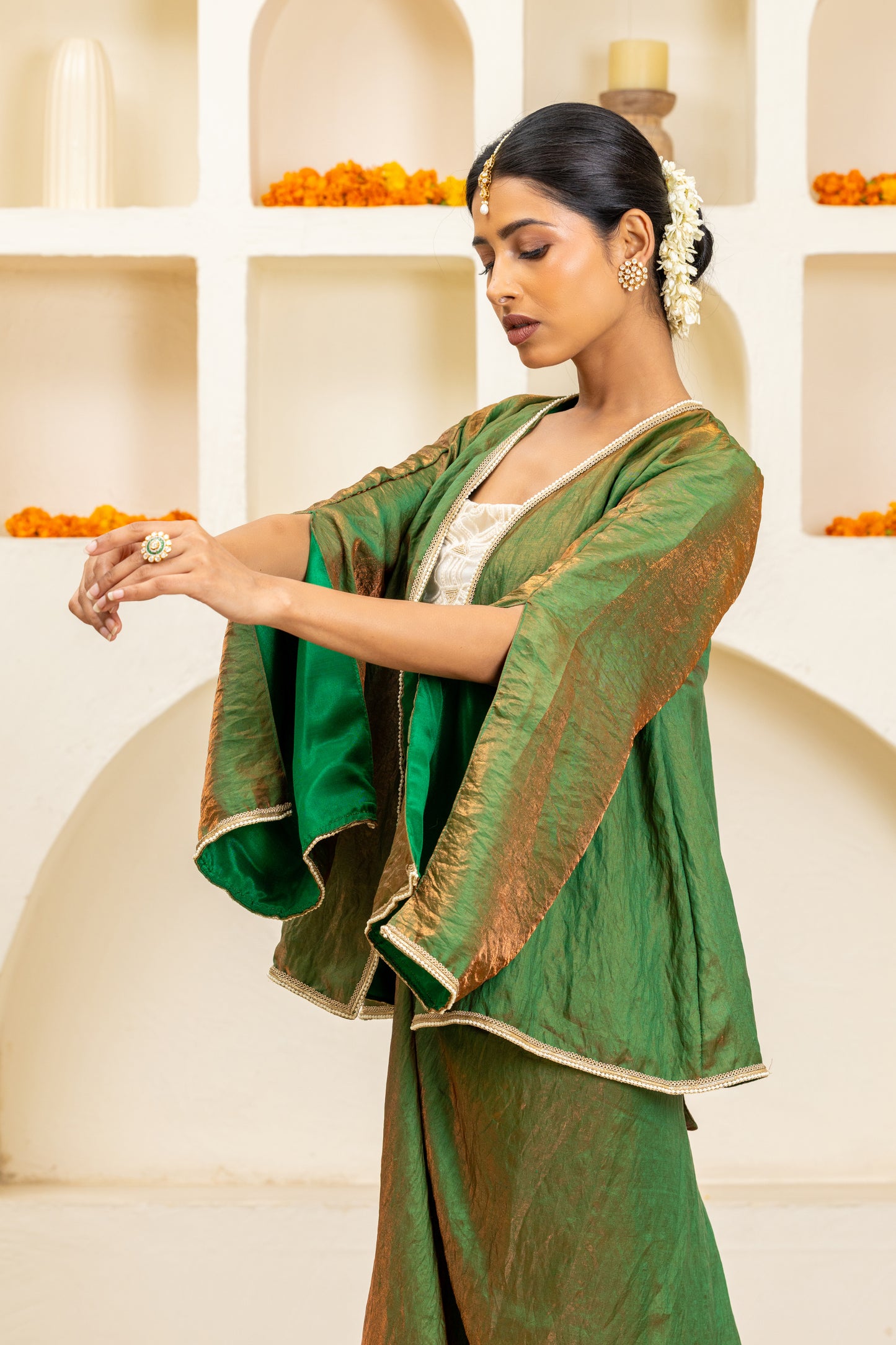 Green Cape Jacket, Bustier and Sarong Skirt Set