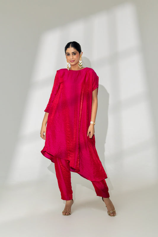 Hot Pink Asymmetrical Kaftan Kurta and Pant Set