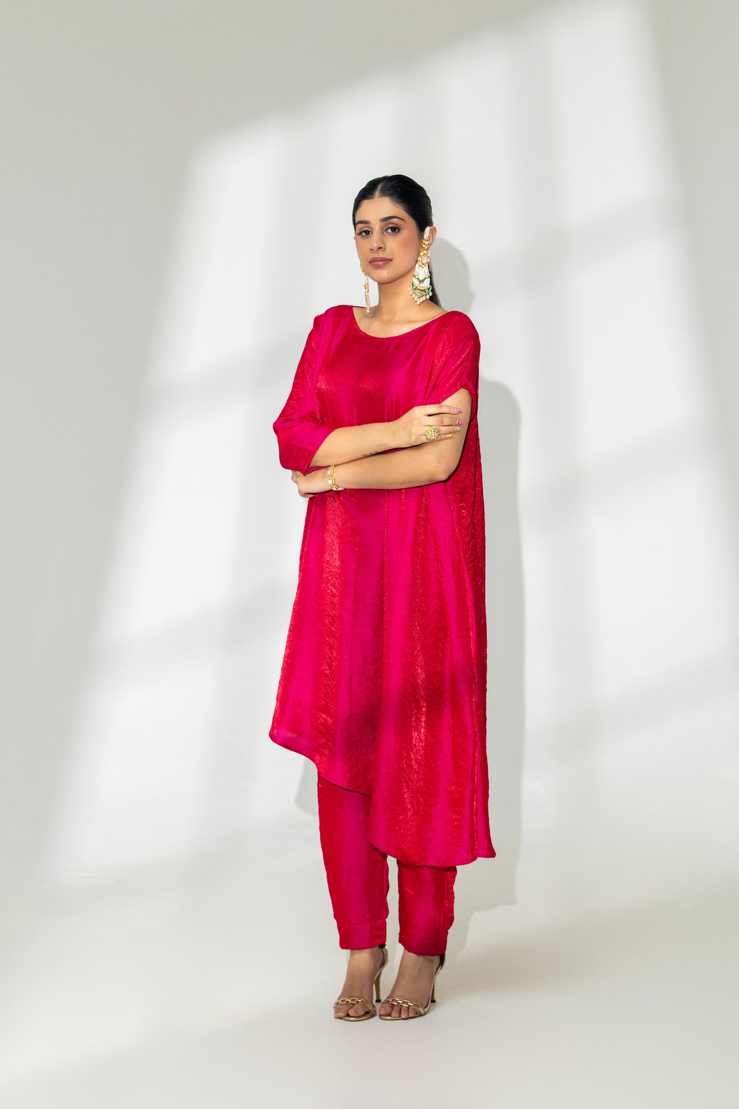 Hot Pink Asymmetrical Kaftan Kurta and Pant Set