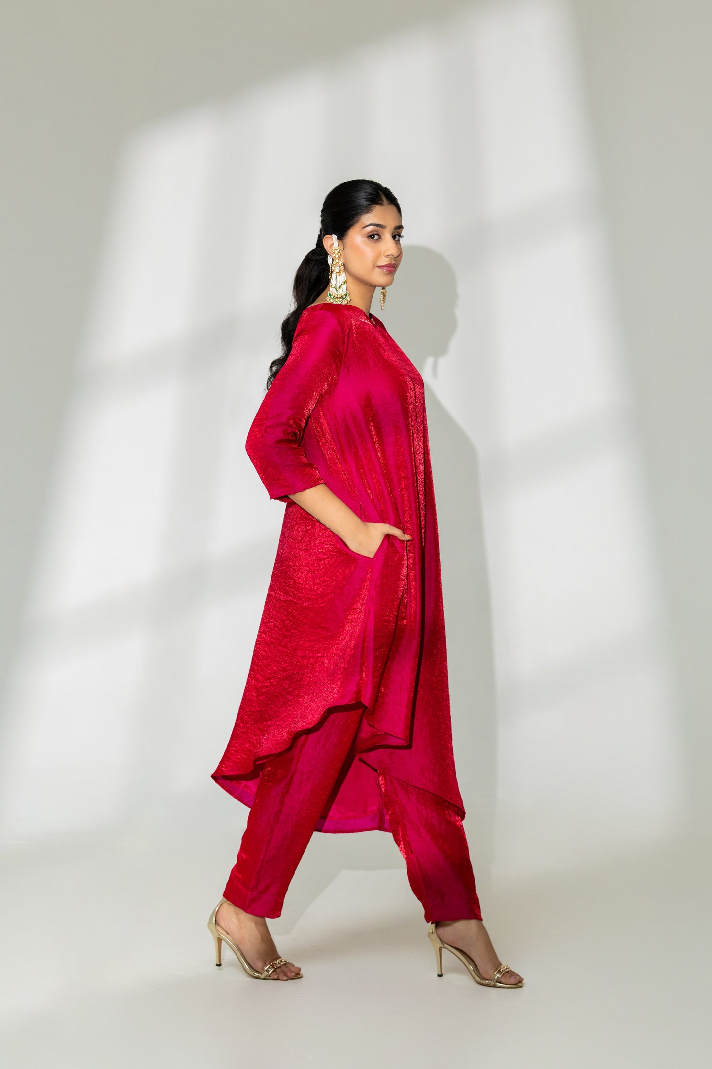 Hot Pink Asymmetrical Kaftan Kurta and Pant Set