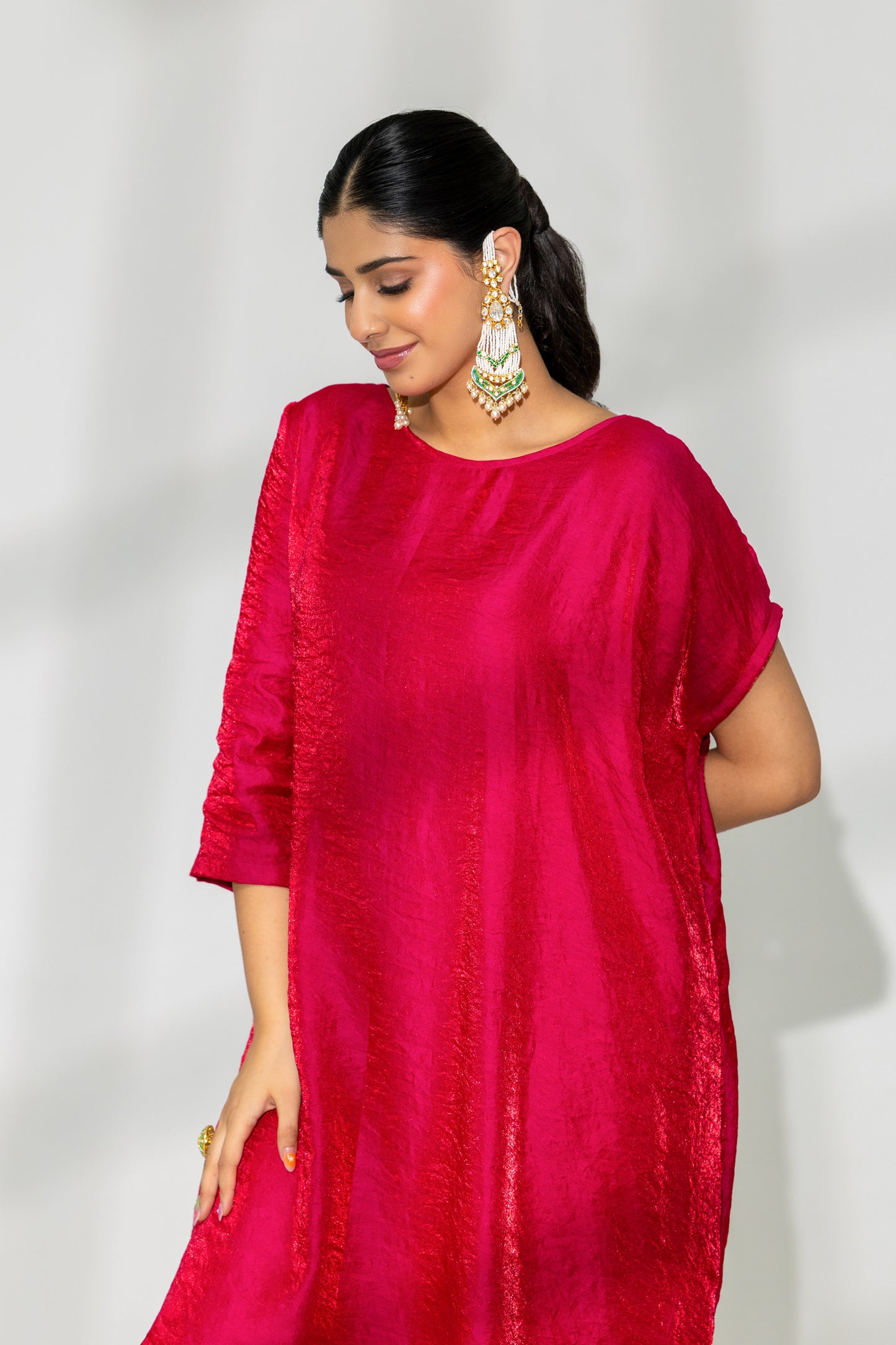 Hot Pink Asymmetrical Kaftan Kurta and Pant Set