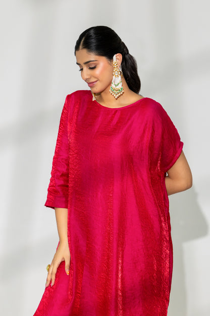 Hot Pink Asymmetrical Kaftan Kurta and Pant Set