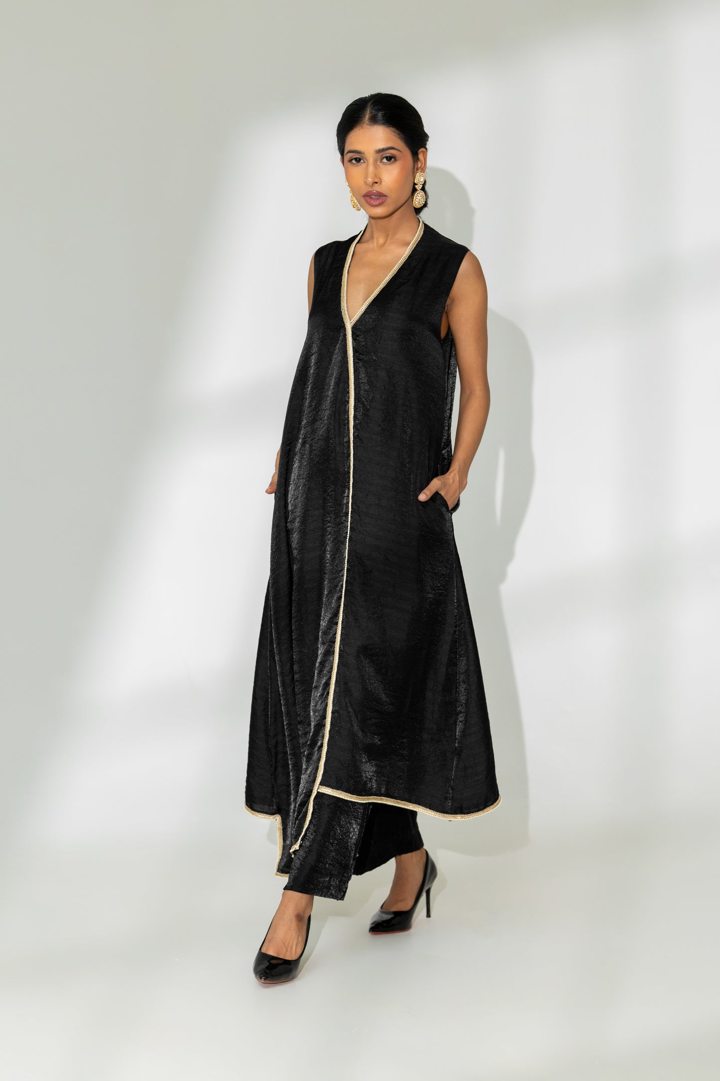 Black Sleeveless Asymmetric Kurta and Pant Set