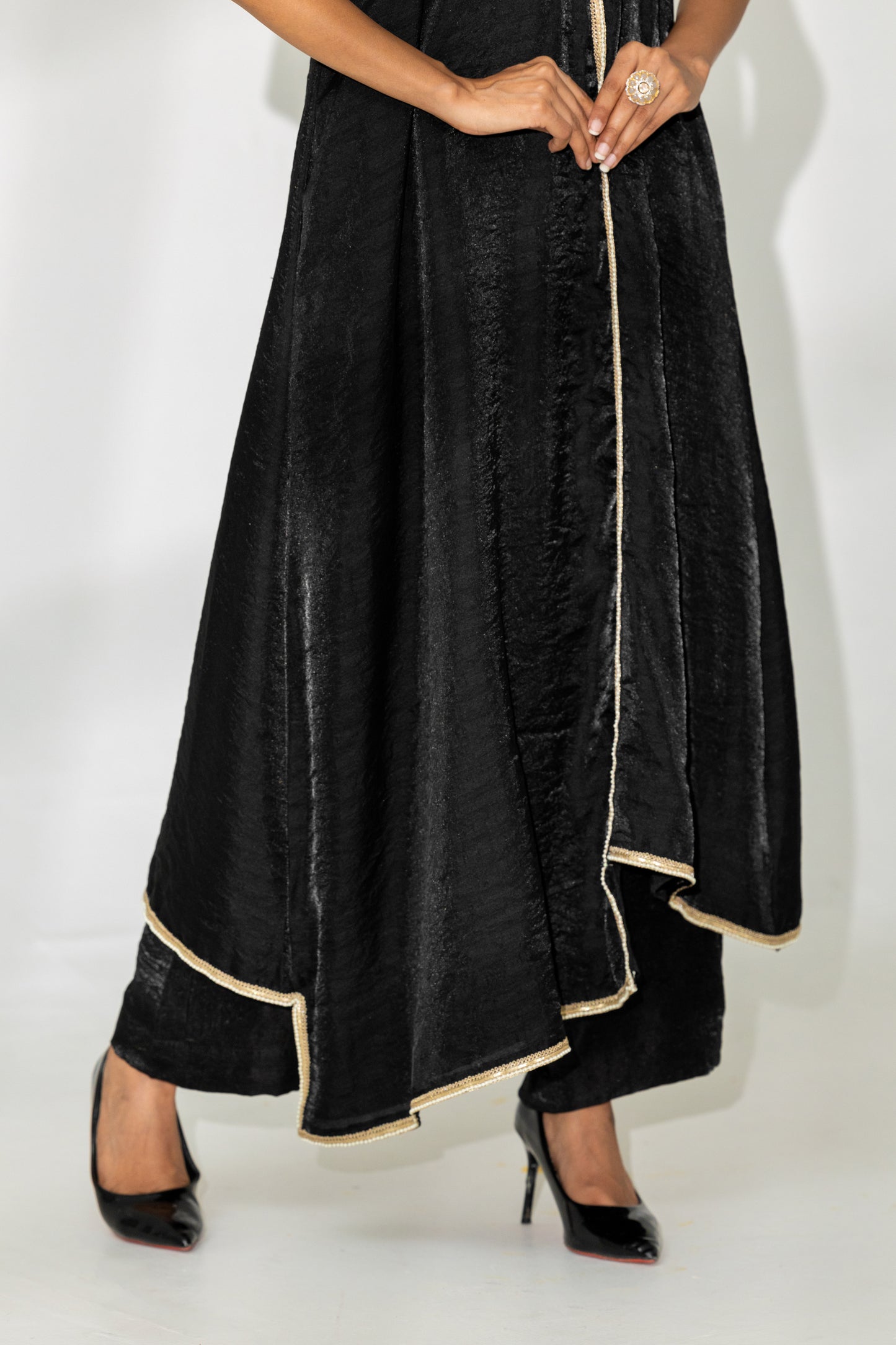 Black Sleeveless Asymmetric Kurta and Pant Set