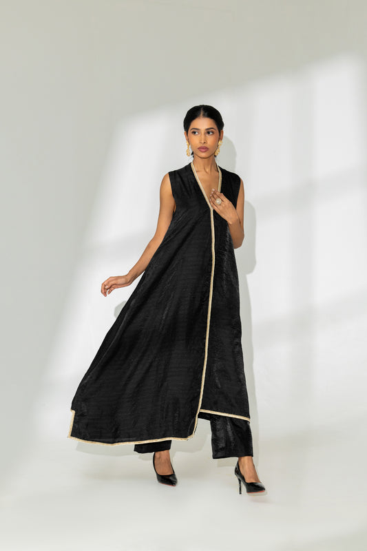 Black Sleeveless Asymmetric Kurta and Pant Set