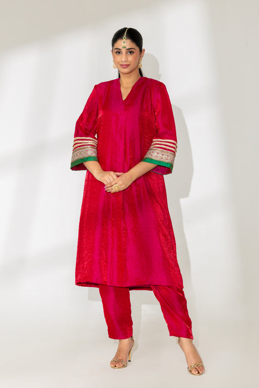 Hot Pink Box Pleated Kurta and Pant Set