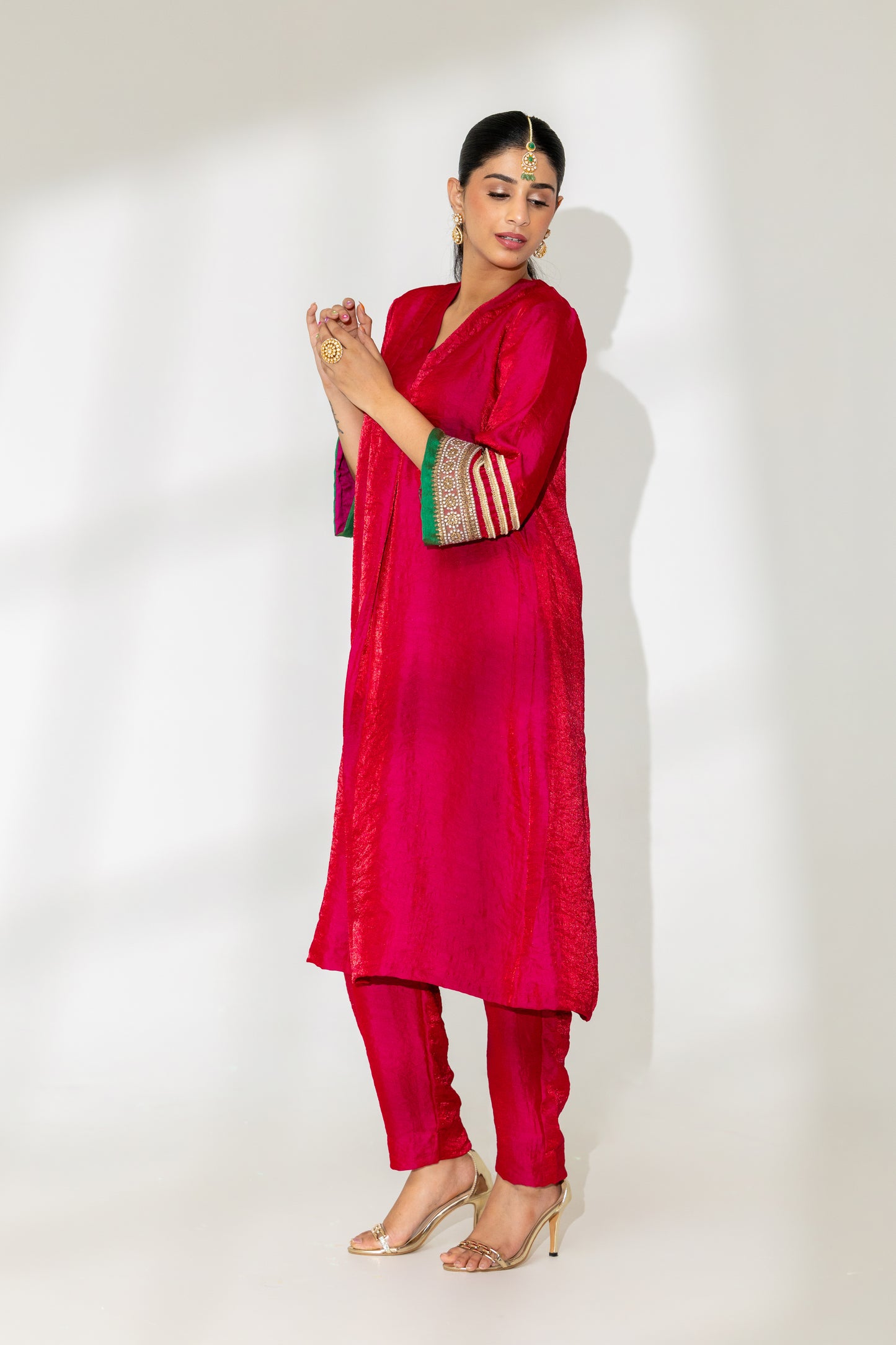 Hot Pink Box Pleated Kurta and Pant Set
