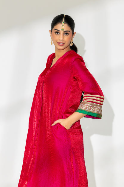 Hot Pink Box Pleated Kurta and Pant Set