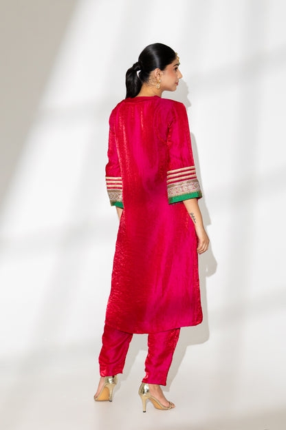 Hot Pink Box Pleated Kurta and Pant Set