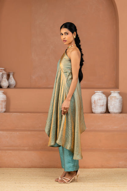 Light Blue One-Shoulder Flared Top and Pant Set