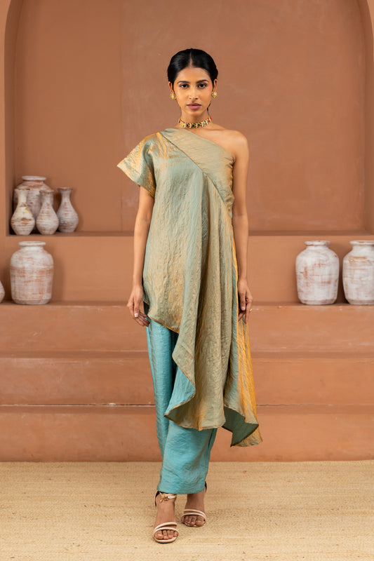 Light Blue One-Shoulder Flared Top and Pant Set