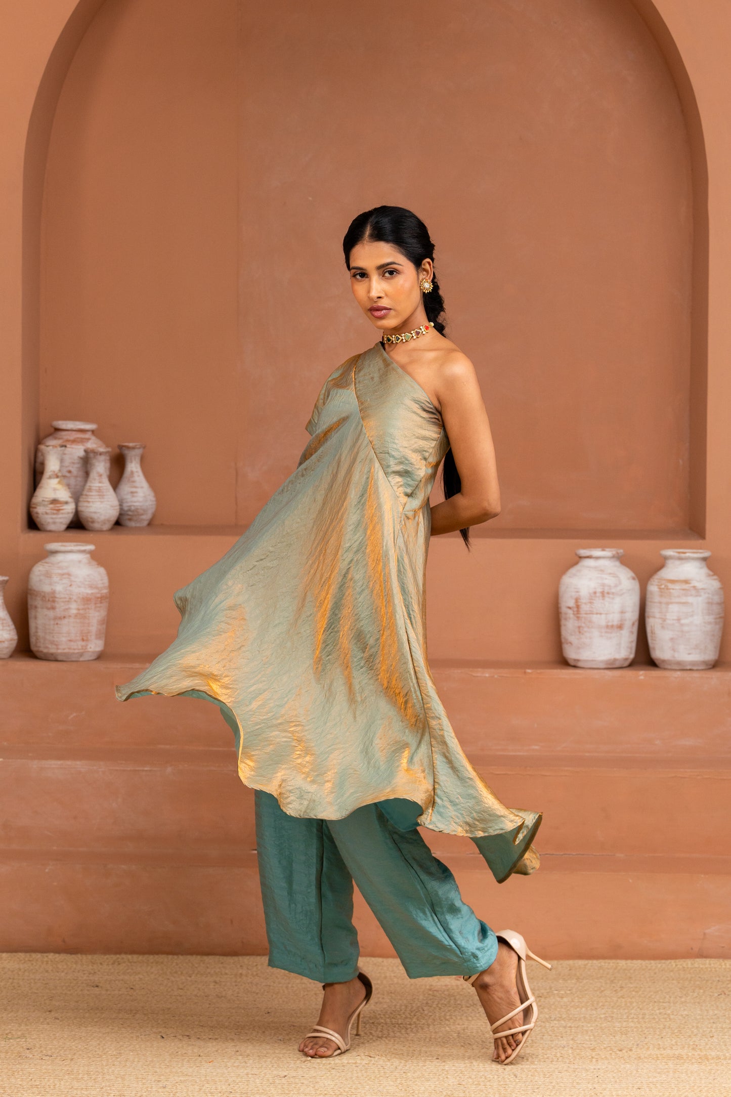 Light Blue One-Shoulder Flared Top and Pant Set