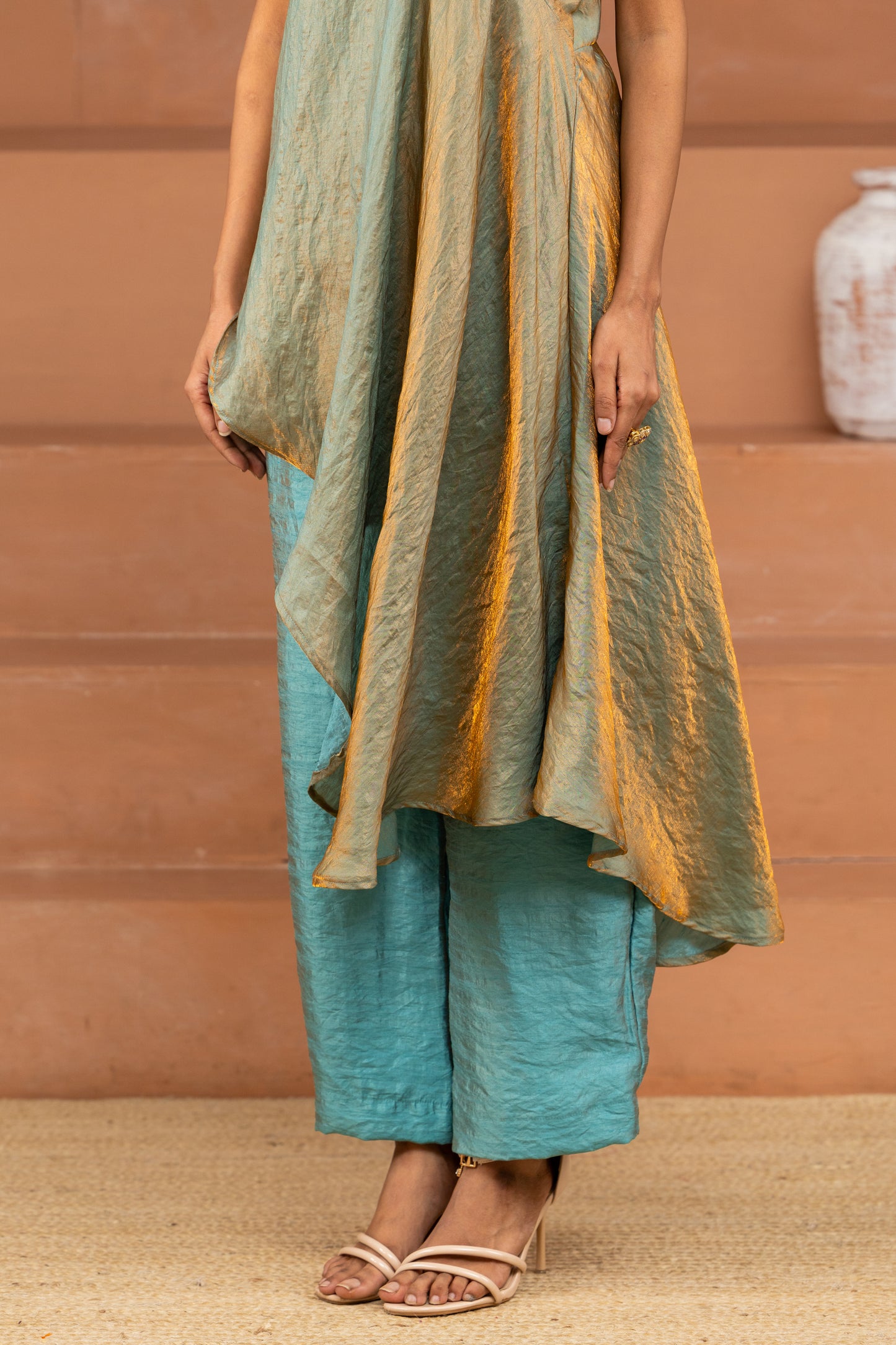 Light Blue One-Shoulder Flared Top and Pant Set