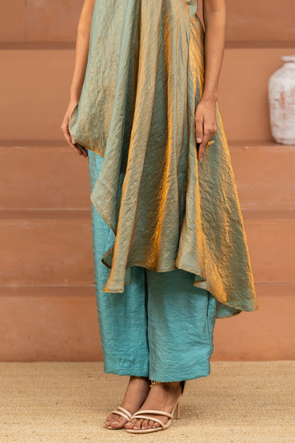 Light Blue One-Shoulder Flared Top and Pant Set