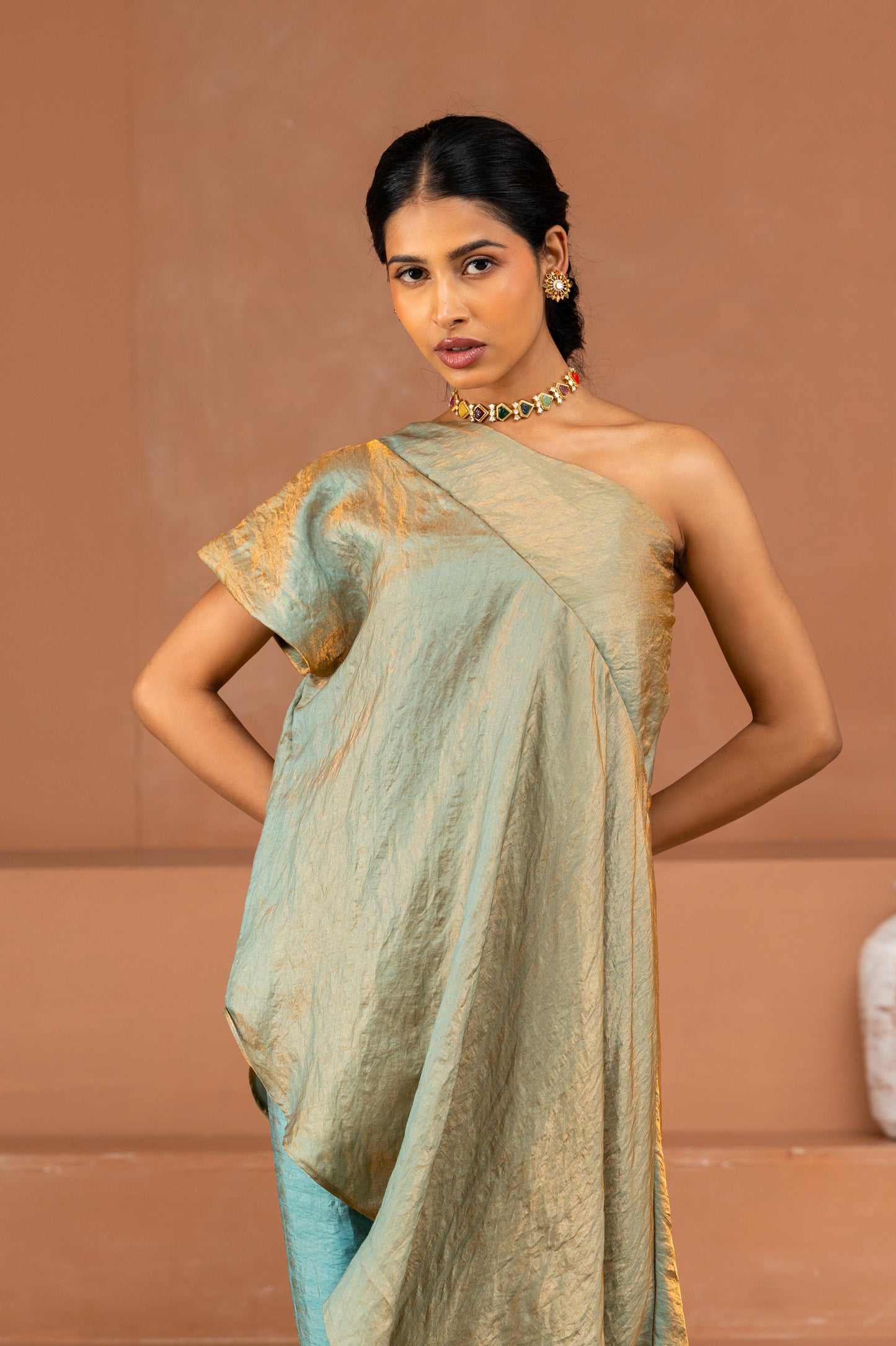Light Blue One-Shoulder Flared Top and Pant Set