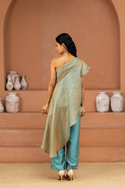 Light Blue One-Shoulder Flared Top and Pant Set