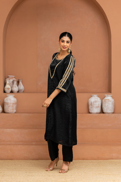 Black Big Yoke Long Kurta and Pant Set