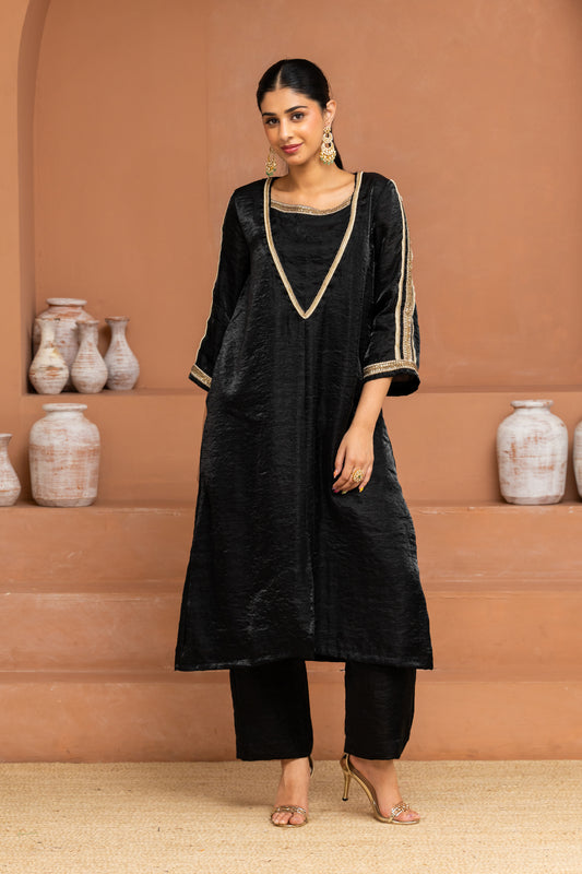 Black Big Yoke Long Kurta and Pant Set