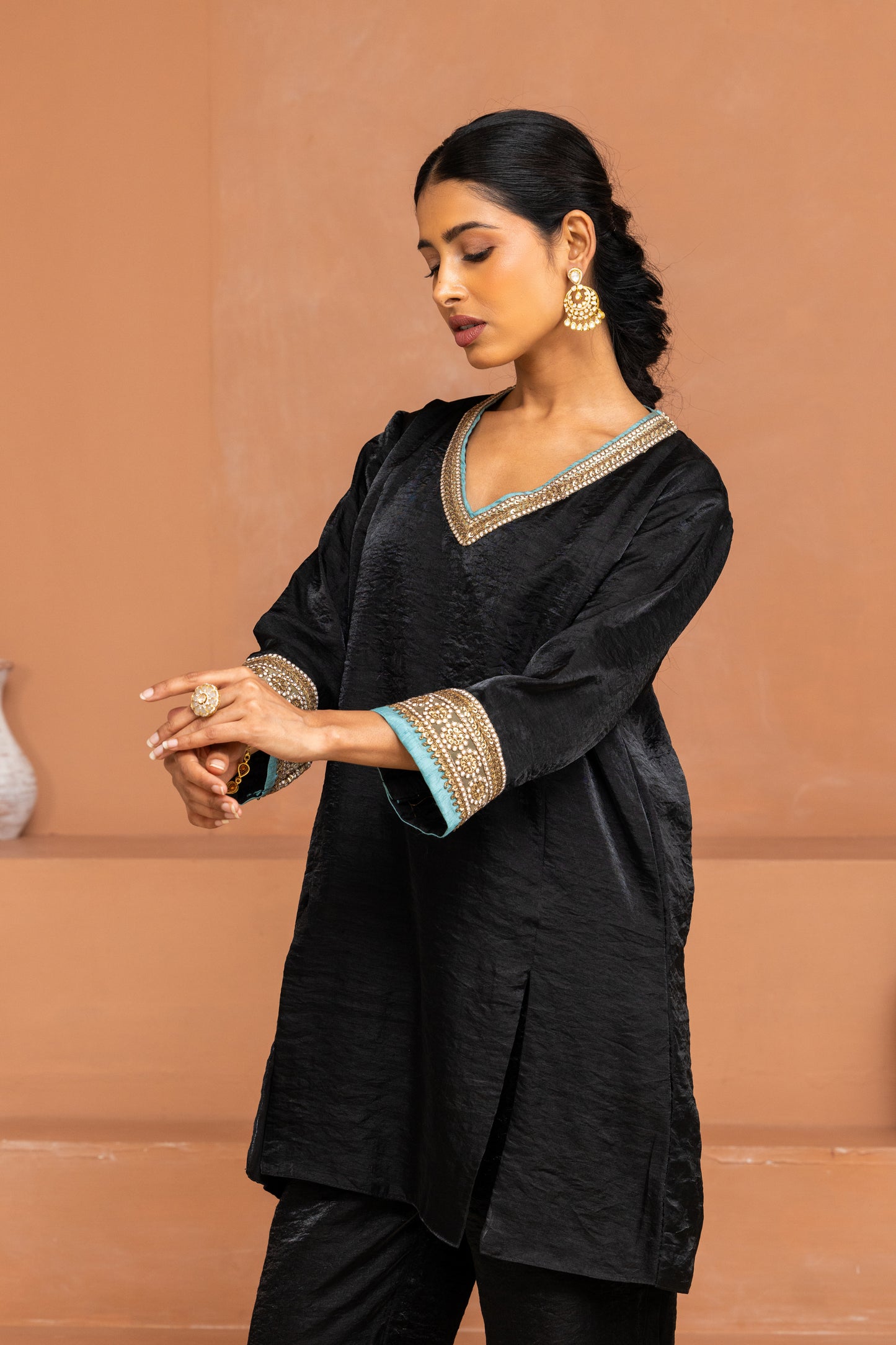 Black Panelled Short Kurta and Pant Set