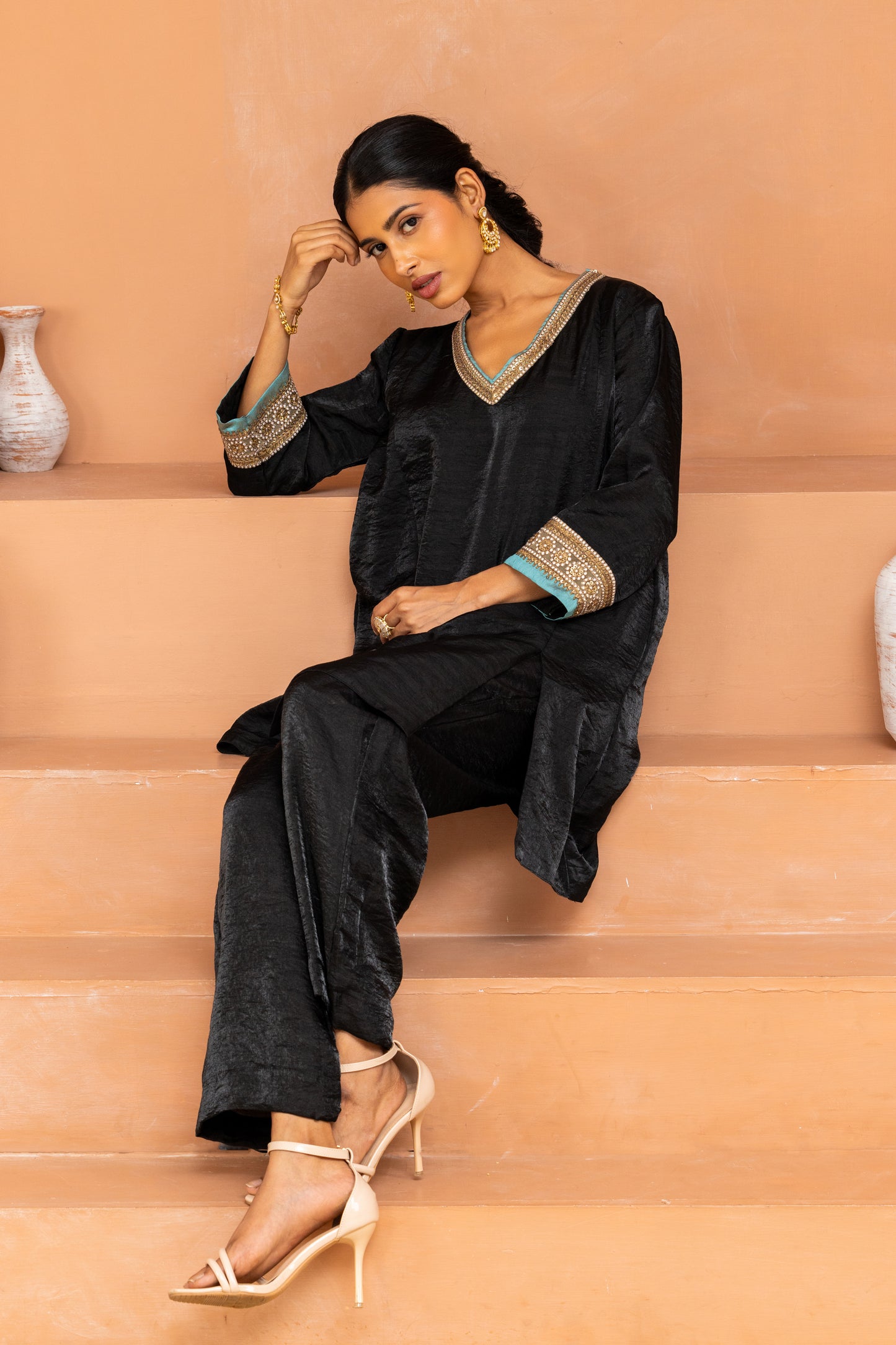 Black Panelled Short Kurta and Pant Set