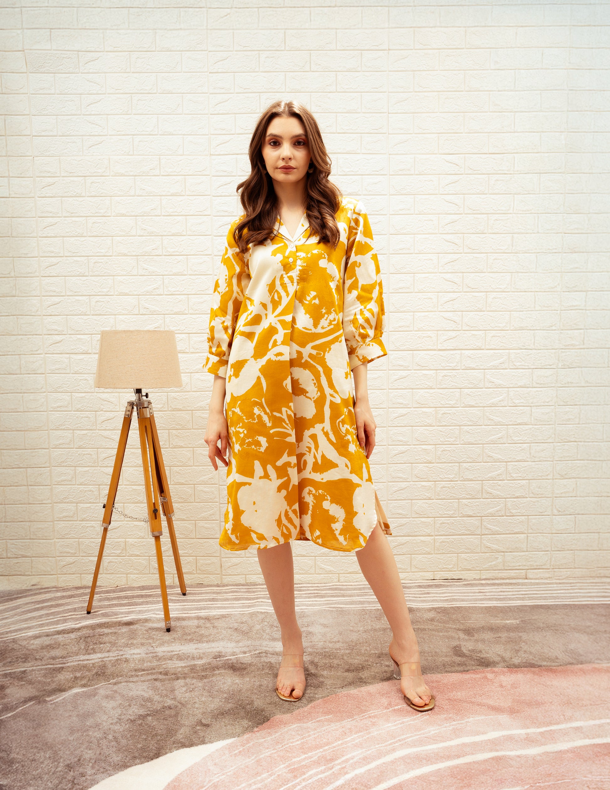 Straight Cut Midi Dress with Collar in Mustard Summer Print Straight Cut Midi Dress with Collar in Mustard Summer Print