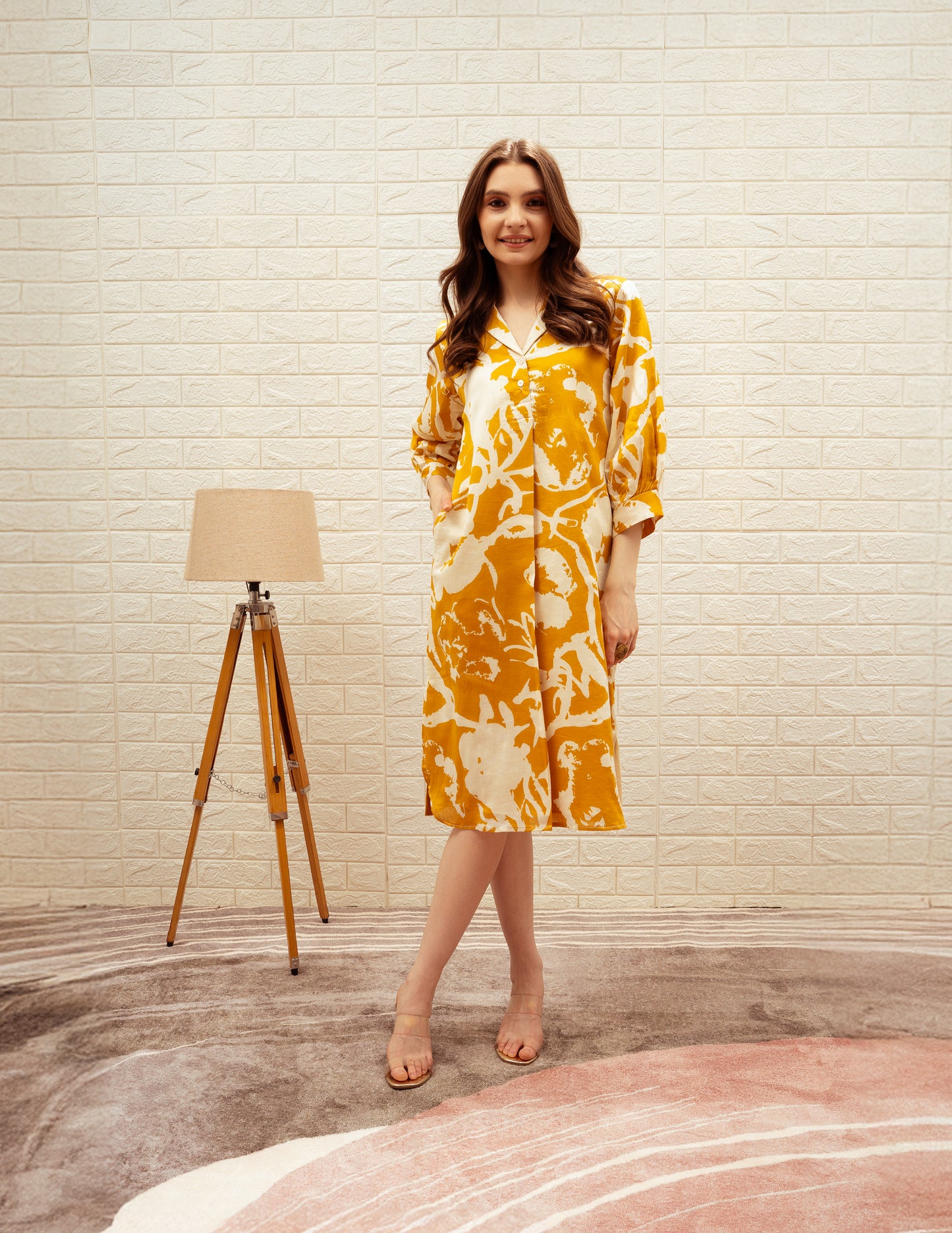 Straight-Cut Printed Collared Midi Dress