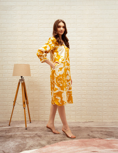 Straight-Cut Printed Collared Midi Dress
