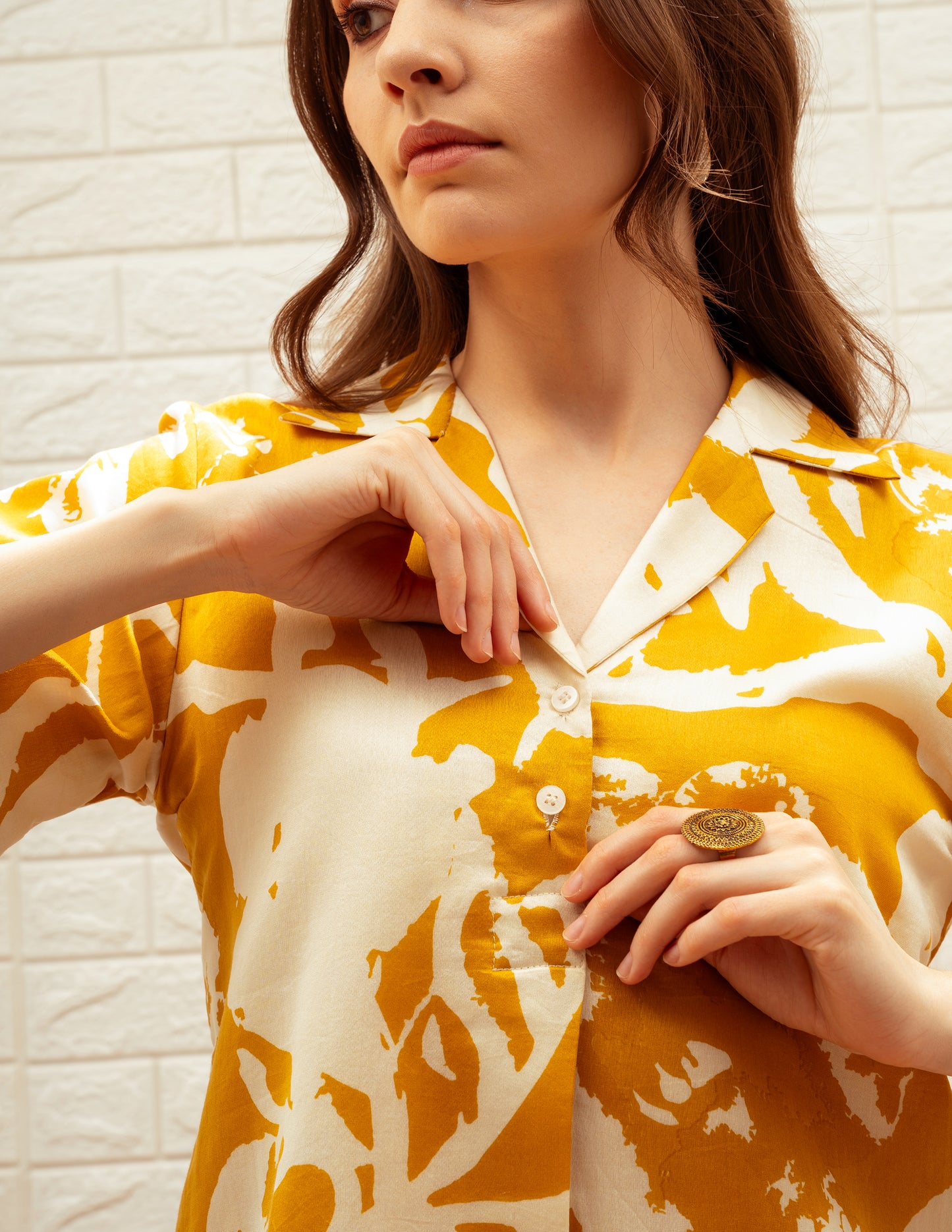 Straight-Cut Printed Collared Midi Dress