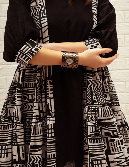 Black and White Printed Gathered Short Dress