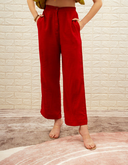 Angrakha Style Printed Top with Red High Waisted Pant Set