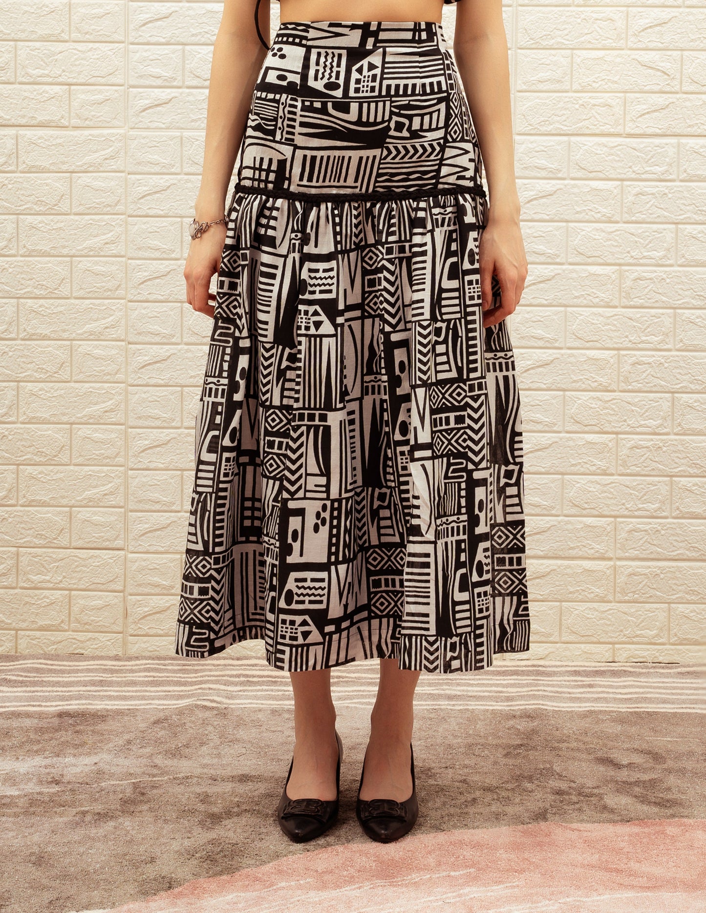Black and White Printed Long Skirt