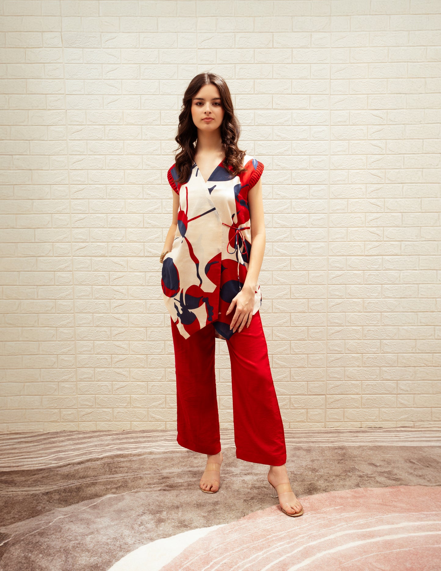 Angrakha Style Printed Top with Red High Waisted Pant Set