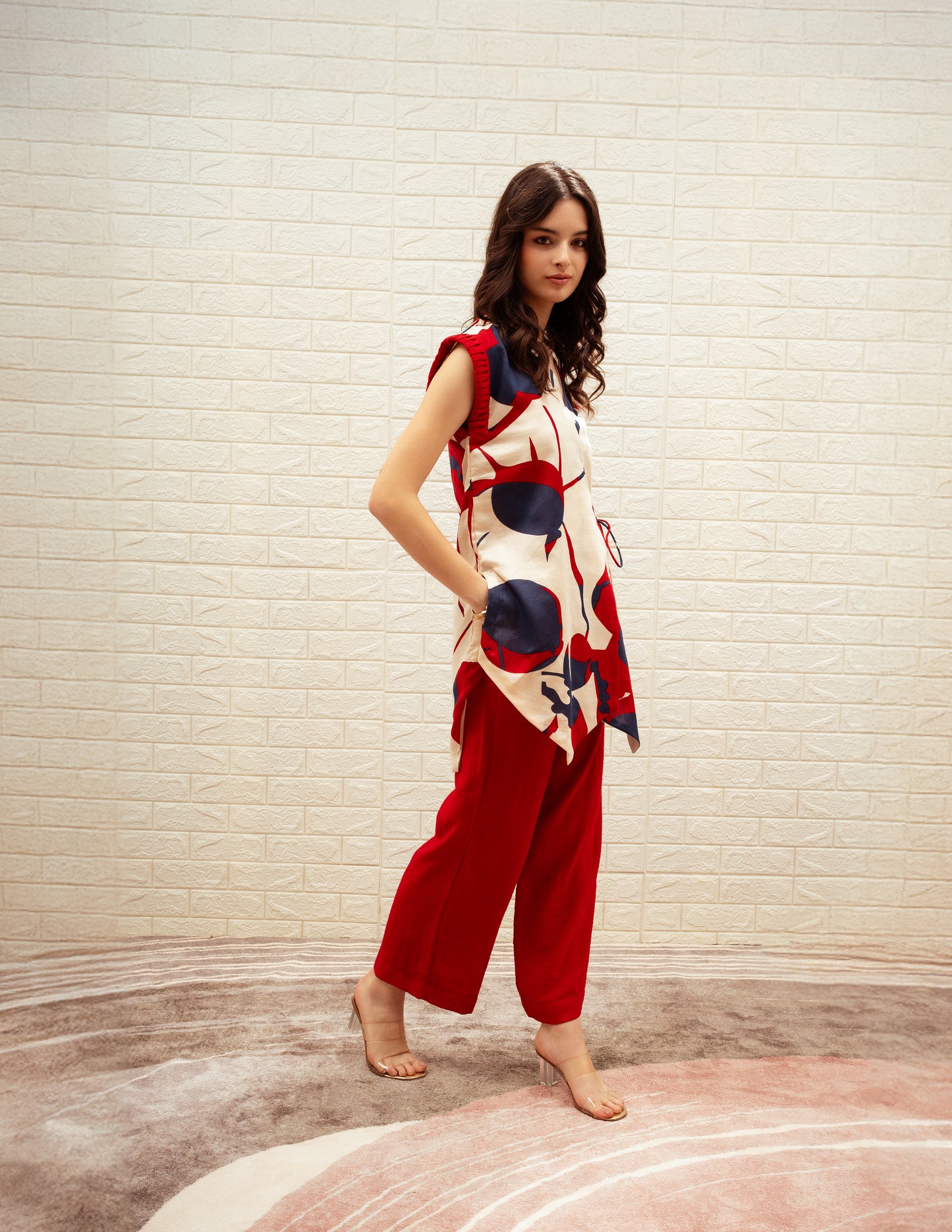 Angrakha Style Printed Top with Red High Waisted Pant Set
