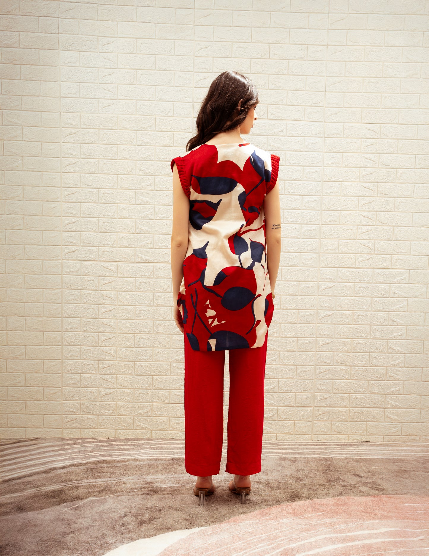 Angrakha Style Printed Top with Red High Waisted Pant Set