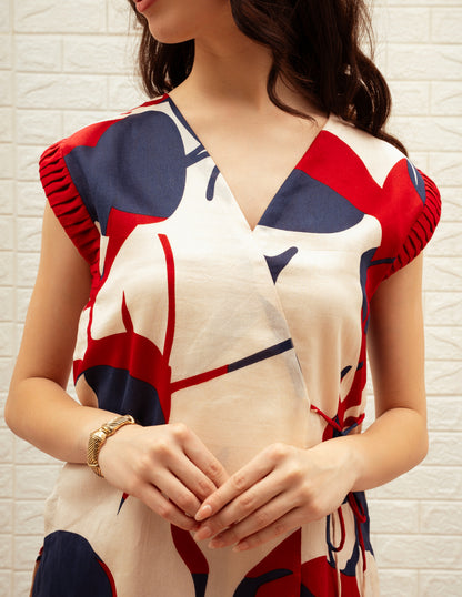 Angrakha Style Printed Top with Red High Waisted Pant Set