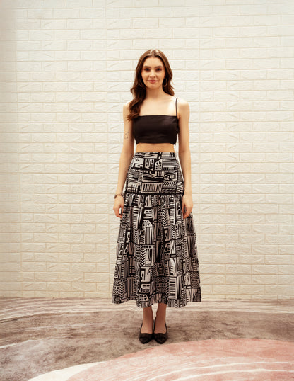 Black and White Printed Long Skirt and Bustier Set