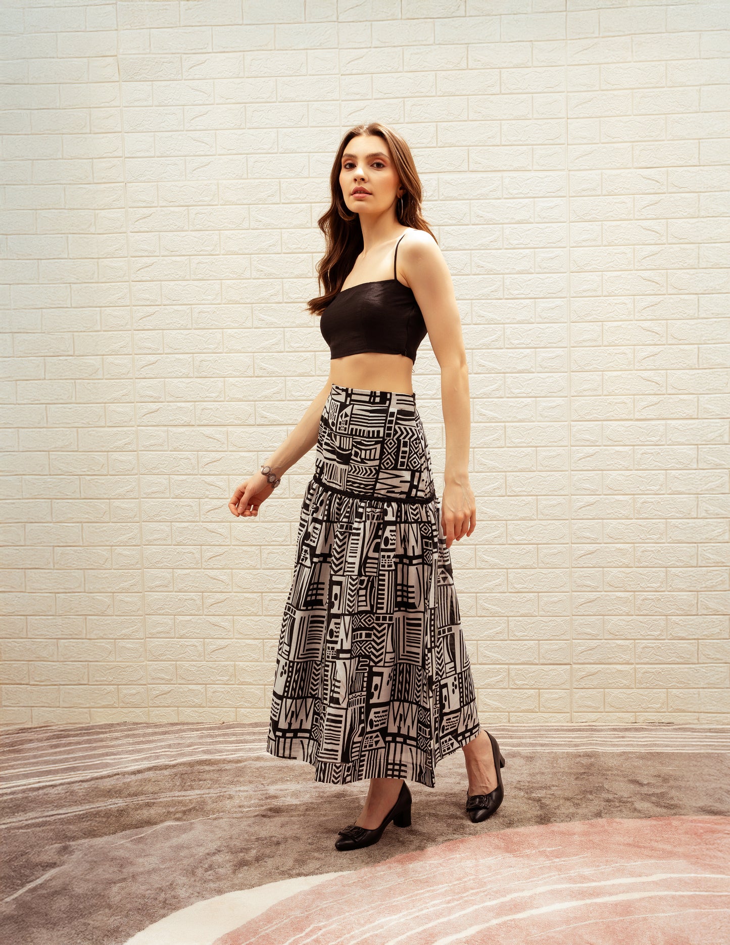 Black and White Printed Long Skirt and Bustier Set