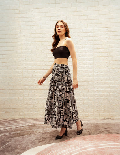 Black and White Printed Long Skirt and Bustier Set
