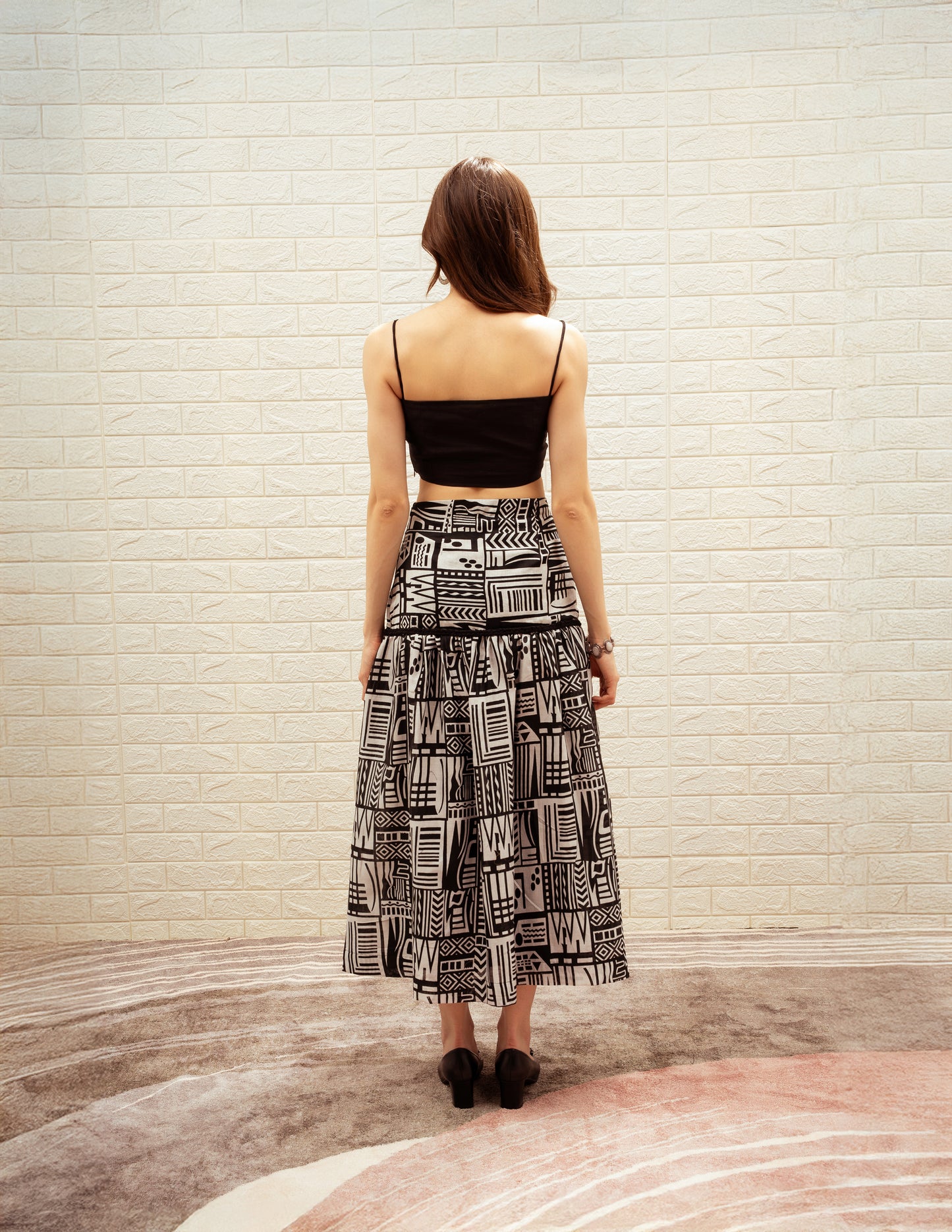 Black and White Printed Long Skirt and Bustier Set